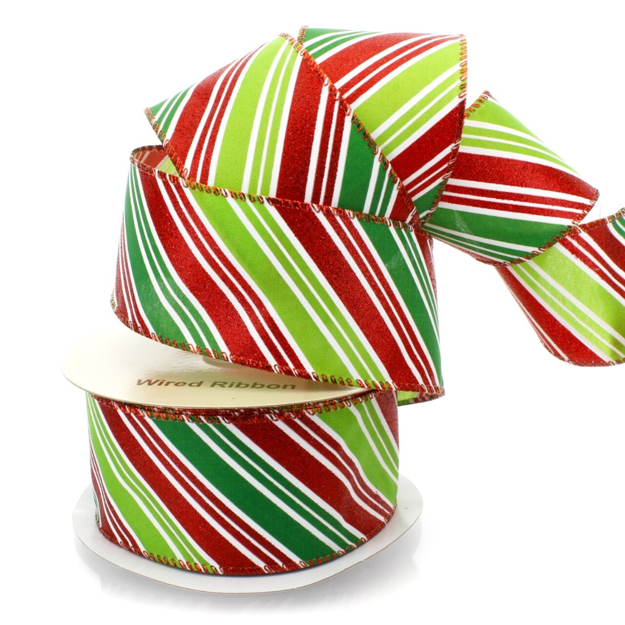 2 1/2" Wired Ribbon Christmas Red/Green/White Diagonal Stripes - 10 Yards